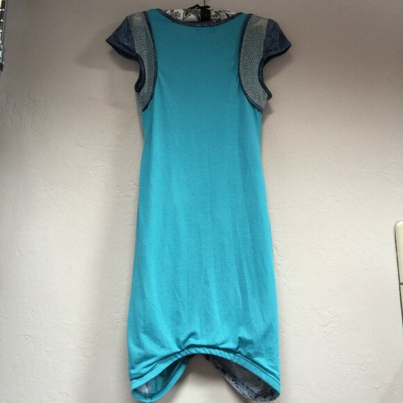 Forla Paris Women Asymmetric Dress Embellished Patchwork V-Neck Cap Sleeve Blue - Picture 2 of 10